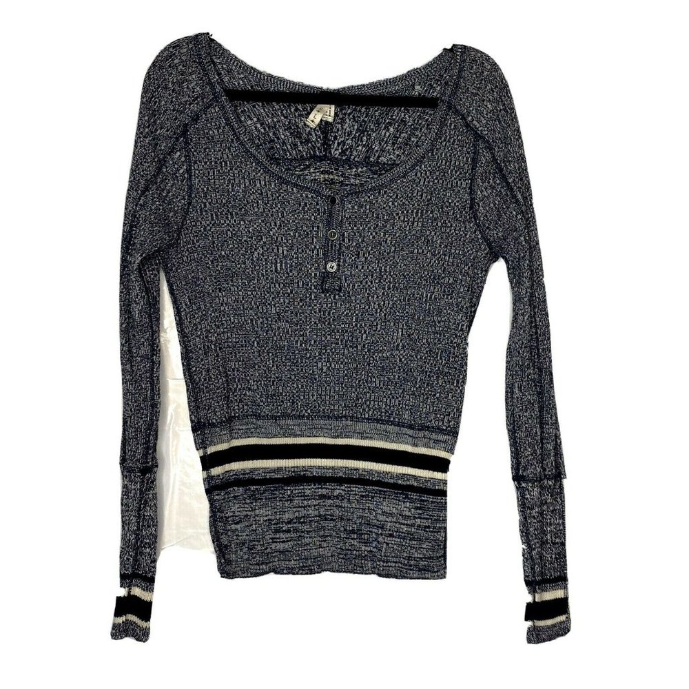 We The Free Size L Ribbed Cotton Navy Variegated Ivory Crochet Henley Top